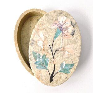 Marble Carved Soapstone Trinket Oval Jewelry Box w Lid Pearl Floral Inlay India